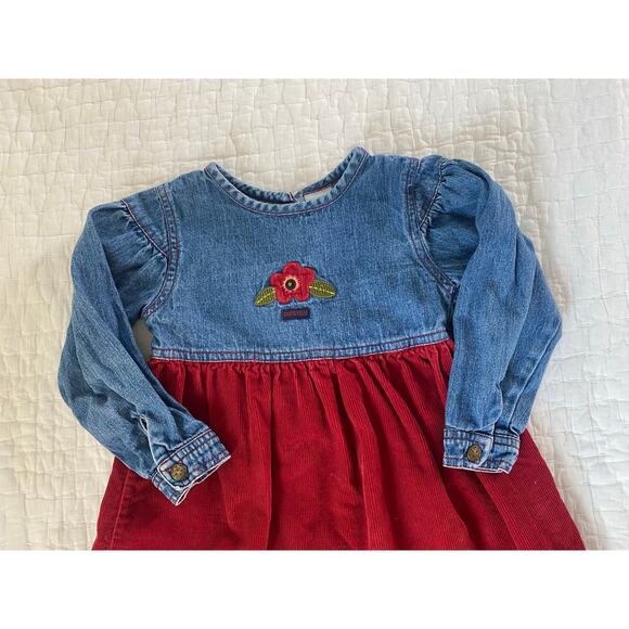 Osh Kosh B Gosh Dress Denim & Red Corduroy Rosebud Applique Ruffle Hem Size 4T - Picture 5 of 12